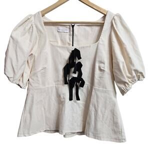 Smith & Quinn Womens Cottage Feminine Romantic Corduroy Puff Sleeve Bow Top M